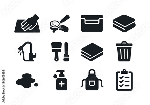 Barista Cleanup Icons. Barista cleanup. Solid icon set of barist