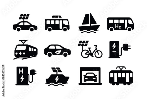 Renewable Transport Icons. Renewable transport energy. Solid ico