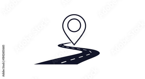 Simple icon of a winding road leading to a map location pin, representing a journey, route, destination, or navigation.