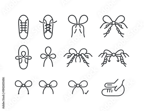 Lace Tying Guide. Steps of Tying Laces. Line icon set of Steps o