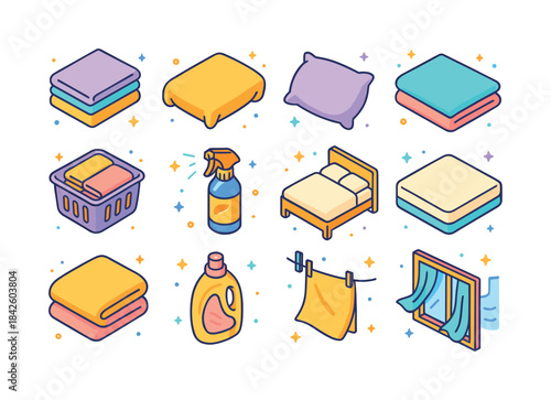 Colorful Bedding Icons. Fresh bed sheets. Colorful isometric vec
