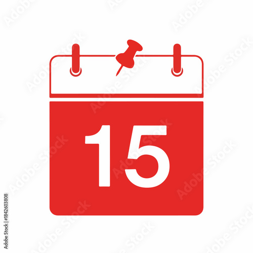 Vibrant red calendar icon marking the fifteenth day with a pushpin, symbolizing important appointments, scheduled events, reminders, or upcoming deadlines for time management and organization