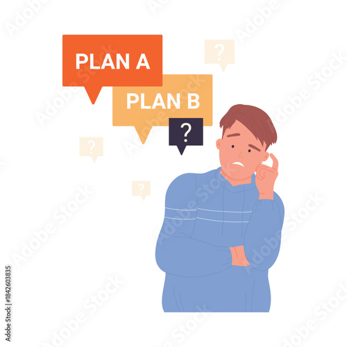 Man in doubt thinking about plan A and B, brainstorming solutions vector illustration
