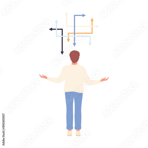 Man standing in front of many arrows in different directions, rear view vector illustration