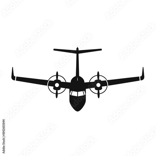 Front view of a twin-engine propeller airplane in silhouette.