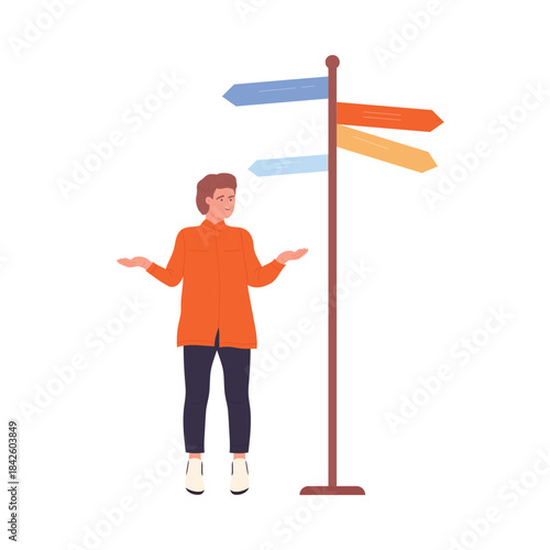 Puzzled man standing at road sign with arrows to choose path and direction vector illustration