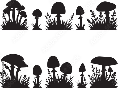 Wild Forest Mushroom Silhouettes Collection
Black Silhouette Mushrooms in Grass Design Set
Nature-Inspired Mushroom Outline Illustrations