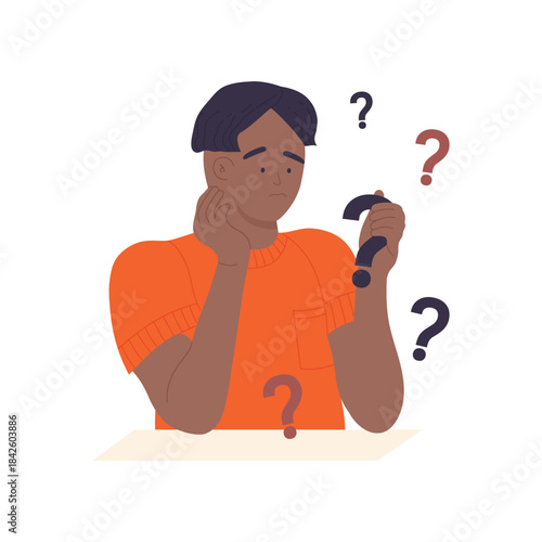 Young confused man holding question mark wondering about answer vector illustration