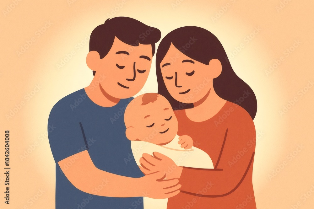 Obraz premium New parents embrace their swaddled newborn in a tender moment of bonding and love, celebrating new life and parenthood joy
