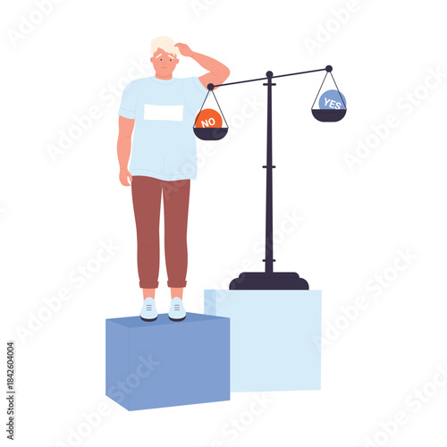 Man in doubt thinking about answer yes and no on balance scale vector illustration