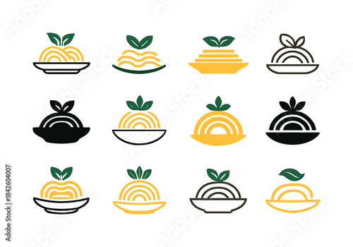 Pasta Logo Variations. Plate of pasta. Icon set. Set Logo of pla