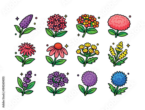 Colorful Pollinator Icons. pollinator plants. Colorful isometric