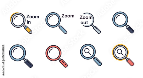A collection of colorful magnifying glass icons in a modern line art style, representing search, discovery, zoom in, and zoom out functions for web and app design.