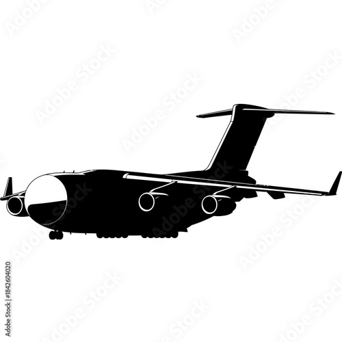 Large military cargo aircraft silhouette flying through the sky.