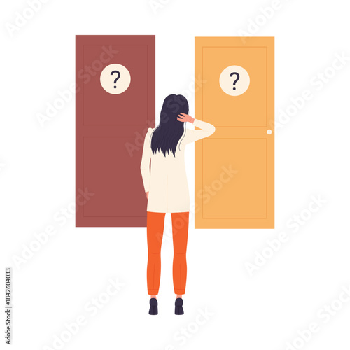Girl standing in front of two doors to choose right path vector illustration