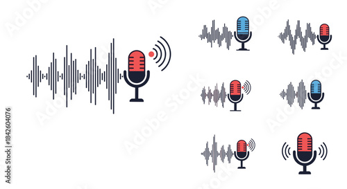 A collection of vintage microphone icons with sound wave and transmission signals, representing concepts like podcasting, audio recording, and live broadcasting.
