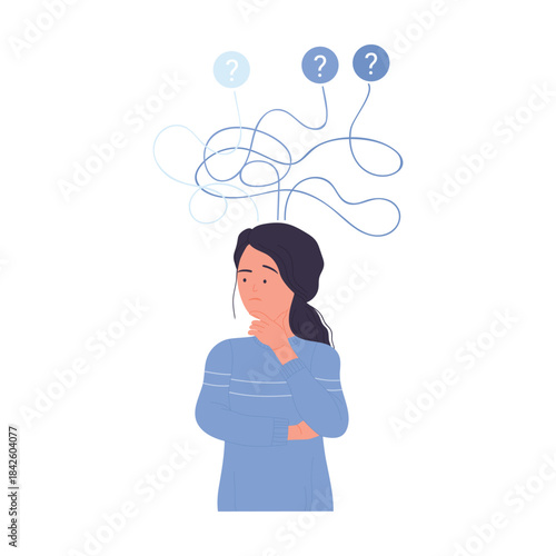 Woman thinking about solving complicated problems, choosing pathway vector illustration