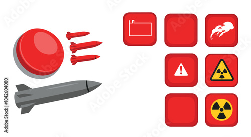 A collection of vector graphics illustrating concepts of danger, alert, and warfare, featuring a red panic button, missiles, and various warning icons.