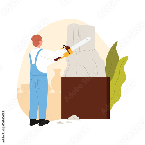 Sculptor with electric saw, man making stone statue in workshop vector illustration