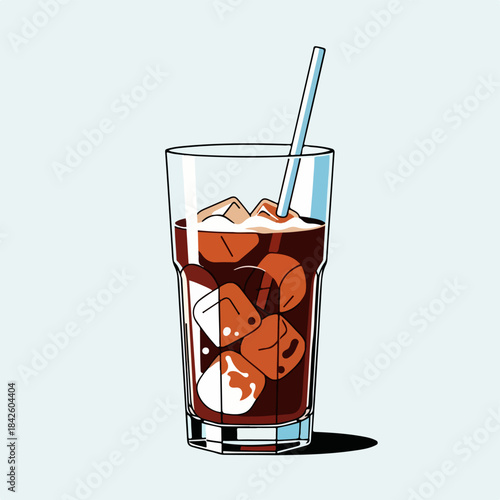 A refreshing illustration of a tall glass filled with sparkling ice cubes and a dark carbonated beverage, complete with a striped straw, perfect for a cool summer drink