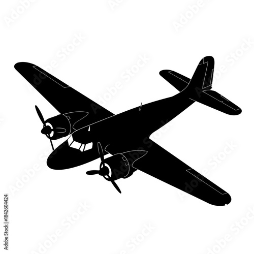 Silhouette of a Vintage Propeller Airplane Flying in the Sky.