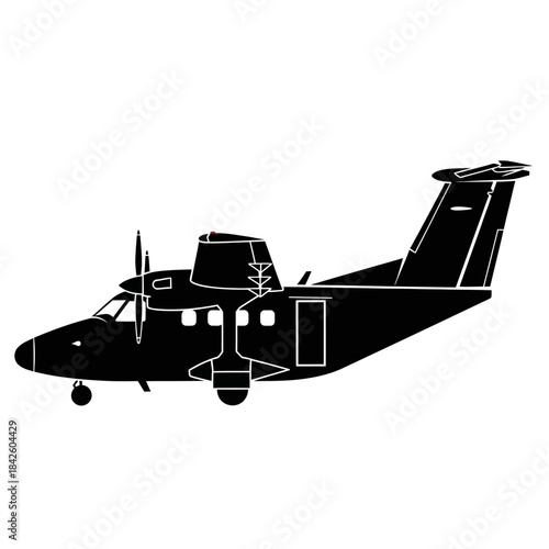 Silhouette of a Twin-Engine Propeller Aircraft in Flight.