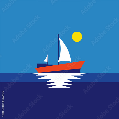 Minimalist graphic illustration of a vibrant sailboat sailing across calm dark blue waters, illuminated by a cheerful yellow sun, creating a clear reflection on the serene ocean surface