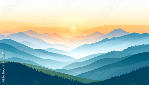 Flat Mountain Sunrise Landscape with Mist Vector Illustration