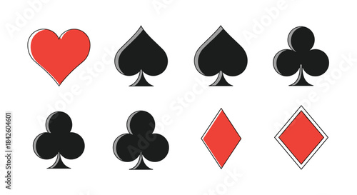 A set of classic playing card suit symbols, including hearts, spades, clubs, and diamonds, with a textured, hand-drawn illustration style.