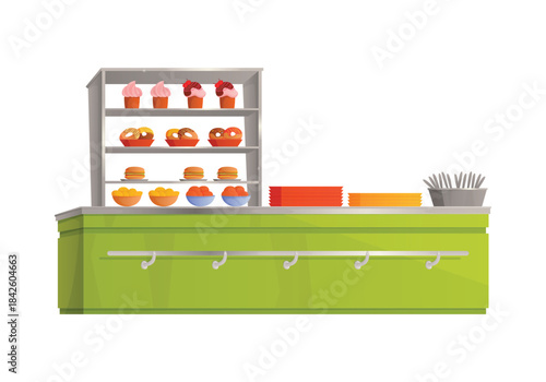 Burgers, donuts and cupcakes, plastic trays on school cafeteria counter vector illustration