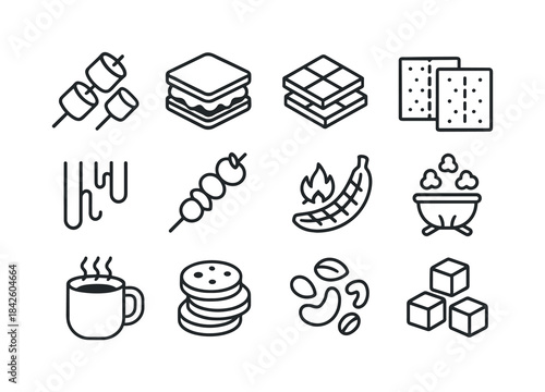 Campfire Snack Icons. Campfire treats. Line icon set of campfire