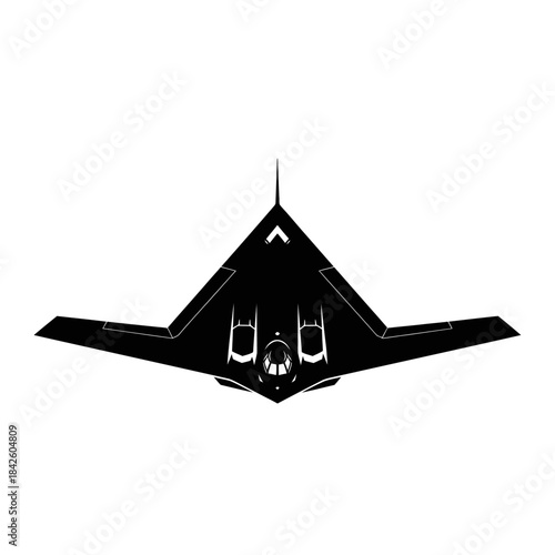 Stealth bomber aircraft in black and white silhouette flying forward.
