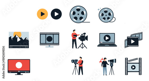 A collection of colorful flat design icons for video production and filmmaking, featuring cameramen, film reels, play buttons, and video editing concepts.