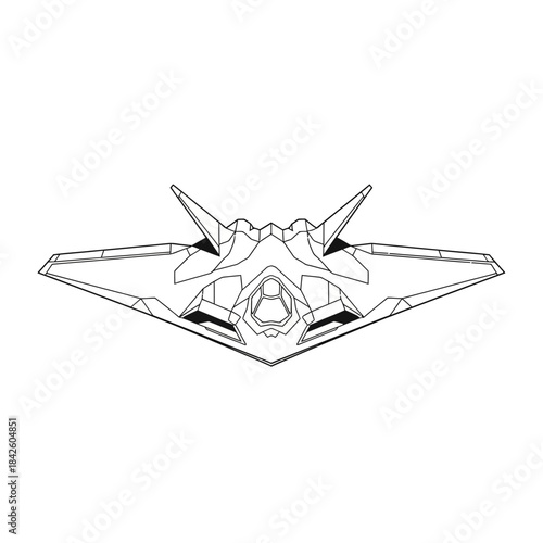 Stealth fighter jet outline drawing from front view.