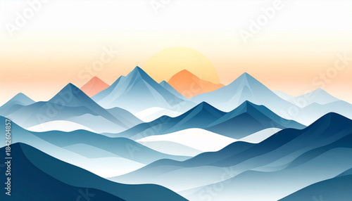Flat Mountain Sunrise Landscape with Mist Vector Illustration