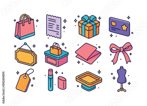 Isometric Boutique Icons. boutique shopping. Colorful isometric