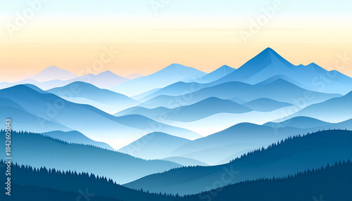 Flat Mountain Sunrise Landscape with Mist Vector Illustration