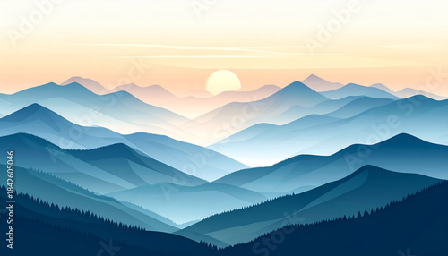 Flat Mountain Sunrise Landscape with Mist Vector Illustration