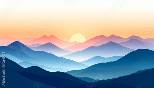 Flat Mountain Sunrise Landscape with Mist Vector Illustration
