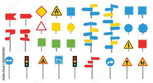 A large collection of various road signs, including warning signs, traffic lights, and directional arrows, isolated on a white background for design projects.
