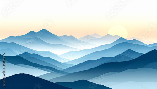 Flat Mountain Sunrise Landscape with Mist Vector Illustration