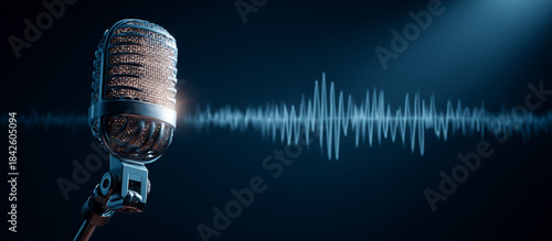studio microphone with a visible soundwave pattern. audio recording and podcasting concept blue background