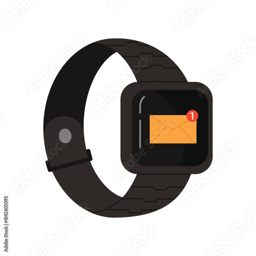 Black smart watch with envelope and notification icon from mailbox mobile app vector illustration