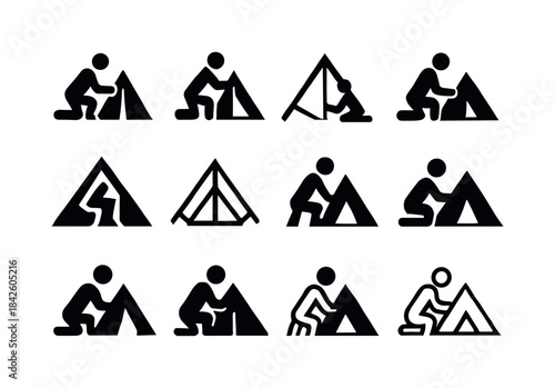 Tent Setup Icons. Setting up a tent. Icon set. Set Logo of setti