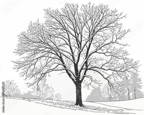 Detailed Winter Tree Hand Drawn Illustration Black and White Bare Snow Covered Oak with Forest Background Graphic Element