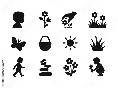 Children Picking Flowers. Children Picking Flowers. Solid icon s