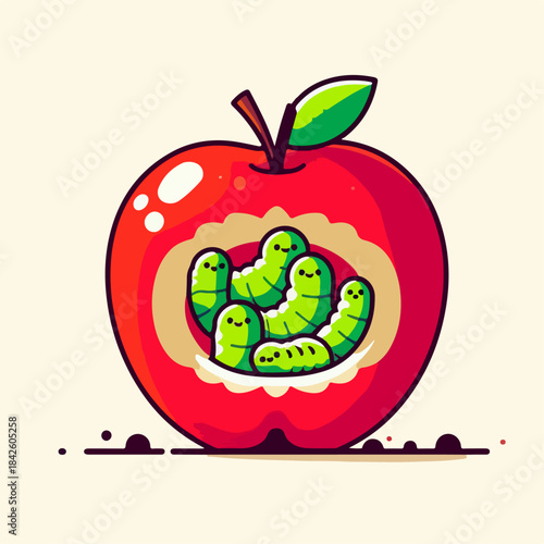 flat illustration of an apple being eaten by a caterpillar