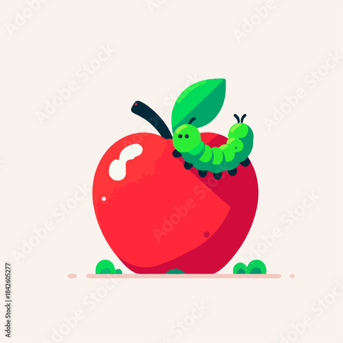 flat illustration of an apple being eaten by a caterpillar