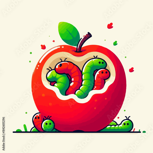 flat illustration of an apple being eaten by a caterpillar