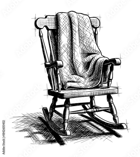Wooden Rocking Chair with Draped Blanket in Cozy Home Scene. Hand-Drawn Vintage Sketch with Cross-Hatching Detail.